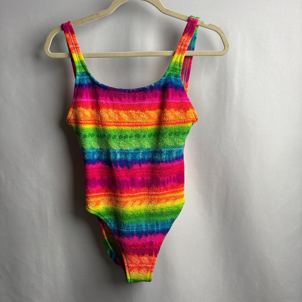 Kathy Ireland Vintage 90s Rainbow Crinkle One Piece Swimsuit High Cut 9/10